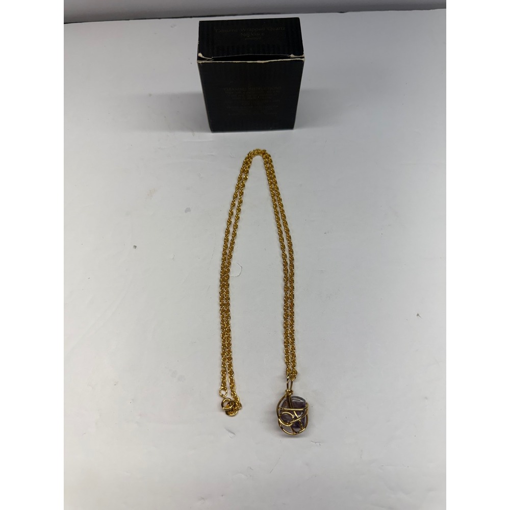 Vintage 1995 Avon Amethyst Genuine Wrapped Quartz Necklace Gold Tone Rope Chain
